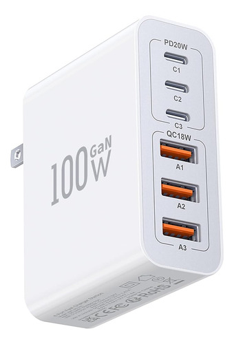 Bloque De Cargador De Pared Usb C, 100w Gan 6 Puertos Qc+pd3