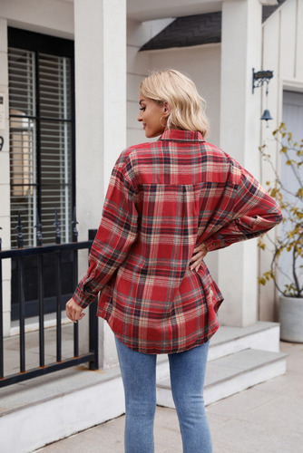 Blusa De Manga Larga Para Mujer Cuadros Moda Bolsillo Suelto