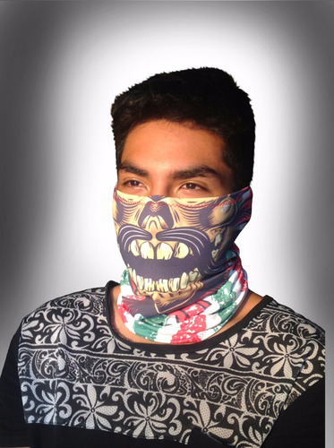 Bandana Mexicana Calavera Con Bigote Y Franjas Tricolor