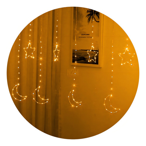 Cortina Luces Led Alambre Estrellas Y Lunas 3.6 Metros 220v Luces Blanco Cálido