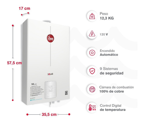Calentador De Agua 14lt Gas Propano Tiro Forzado Dig Rheem Color Blanco Tipo De Gas Glp 120v