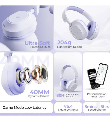 Auriculares Inalámbricos Havit H668bt Anc Bluetooth Gamer Violeta