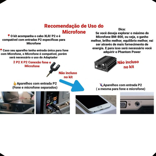 Kit Microfone ManoThor Condensador Bm800 Profissional Padrão Polar Unidirecional Suporte anti-choque Cabo XLR Fêmea X P2 Pop Filter Braço Articulado Prendedor Espuma Proteção Gravação Podcast