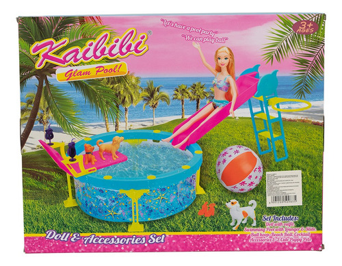 Muñeca Kaibibi Y Juego De Piscina Con Tobogán Y Accesorios