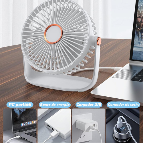 Ventilador De Escritorio Recargable Con Luz Nocturna Usb 16 Cm Blanco