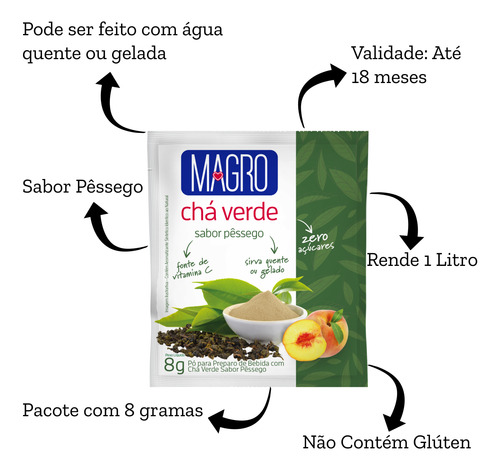 Chá Verde Sabor Pêssego Zero Açúcares Magro 8g Caixa Com 15