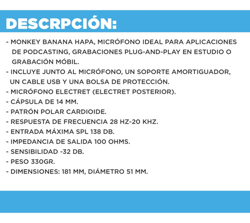Imagen 3 de 11 de Microfono Condenser Monkey Banana Hapa Usb Podcast Streaming
