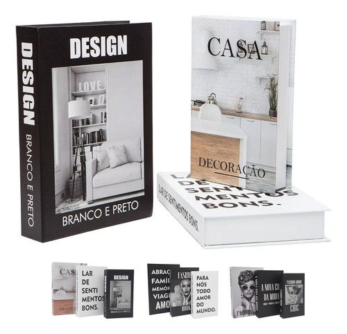 Kit 3 Livros Fake Decoraçao Caixas Porta Objeto Decorativo Cor Casa Decoração