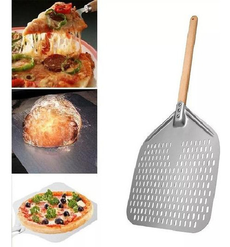 Pala Pizza Perforada 35cm Aluminio Y Mango De Madera E