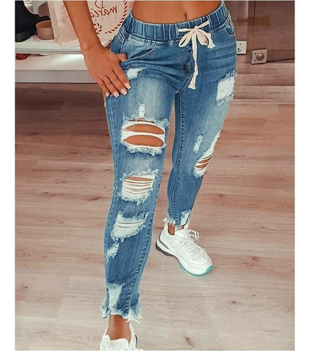 Pantalón Mujer Jeans Slim Rotos Azul Claro 2023