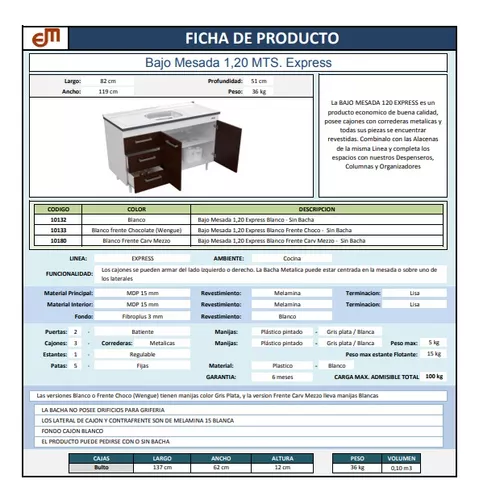 Bajo Mesada Sin Bacha Mueble Cocina Mosconi Express 1.20 Mts