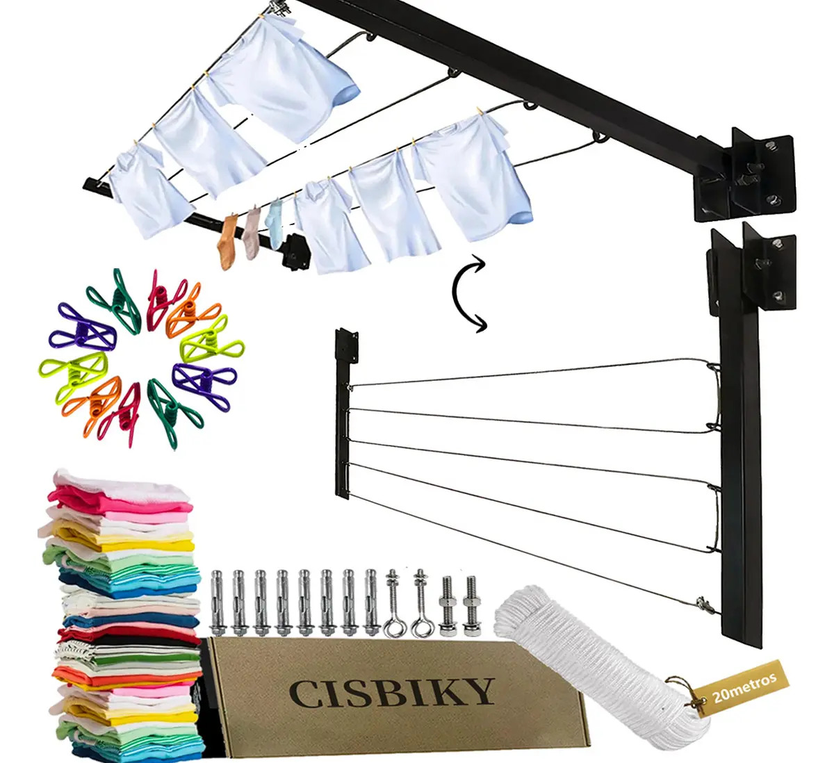 Tendedero Plegable de Pared Extensible para Ropa Pesada con 20m de Cuerda y Pinzas, Soporta 150 kg