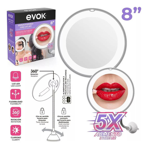 Espejo Flexible Con Luz Led 8  Evok Maquillaje 5x Aumento