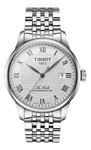 Reloj de pulsera Tissot T-Classic Le locle powermatic 80 de cuerpo color plateado, analógico, para hombre, fondo plateado, con correa de acero inoxidable color gris, agujas color negro, dial negro, minutero/segundero negro, bisel color plateado y mariposa