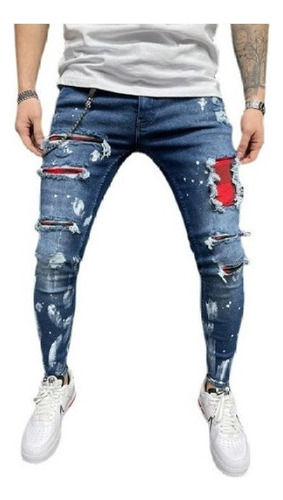Jeans Rasgados Con Parche Elástico Para Hombre