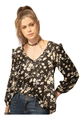 Blusa Para Mujer Estampado Negro Flores Rutta