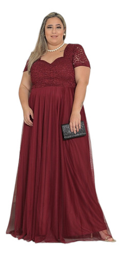 Vestido Marsala Madrinha Mãe De Noivos Evangélico Plus Size