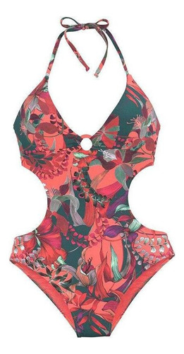 Estampado Floral Halter Monokini Mujer Cintura Recorte Una P