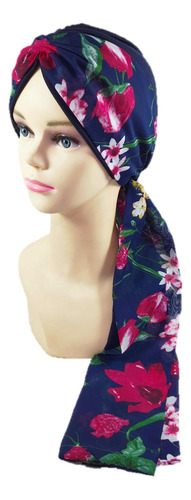 Turbante Oncológico Para Mujer De Algodón C/ Banda Mascada Color Azul Marino Estampado