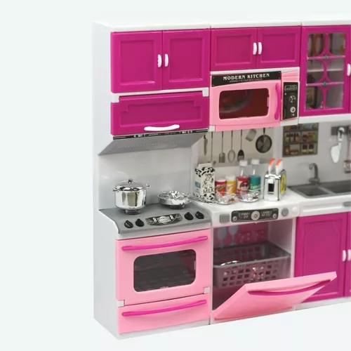 Jogo De Cozinha Barbie Meninas Rosa Grande Kit Completa Luxo Geladeira  Fogao Panelinhas Luzes Infantil Armário