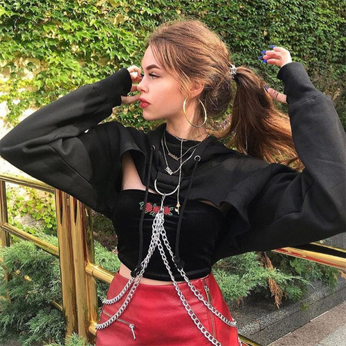 Top Corto Estilo Punk Gótico De Manga Larga Con Capucha Para Mujer