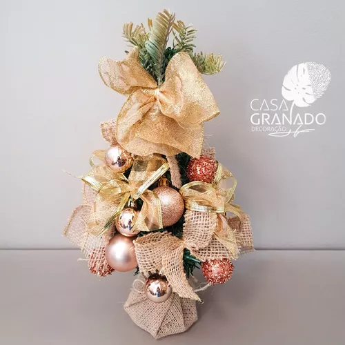 Árvore De Natal Rosa E Dourado Decorada Pronta P Uso 70cm