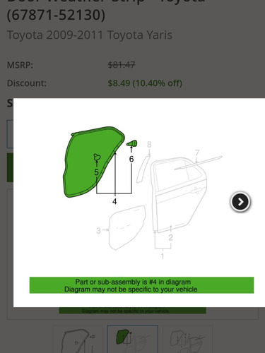 Goma De Puerta Trasera Derecha Yaris 2006 - 2011 Hatchback