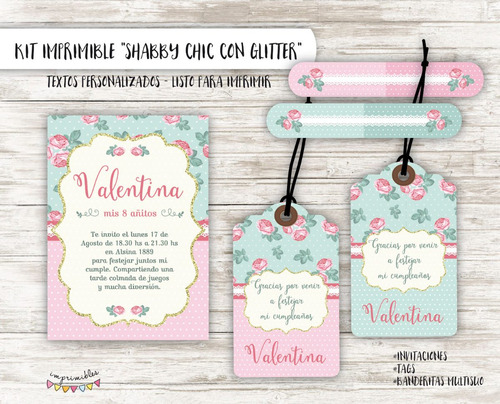 Kit Imprimible Shabby Chic Glitter - Textos Personalizados