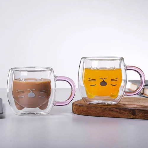 Imagen 6 de 6 de Tazas Vidrio Beber Doble Pared Forma Gato