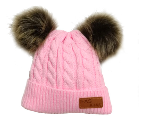 Gorro Rosa Con Doble Pompón Para Niños Pequeños, Tejido En F