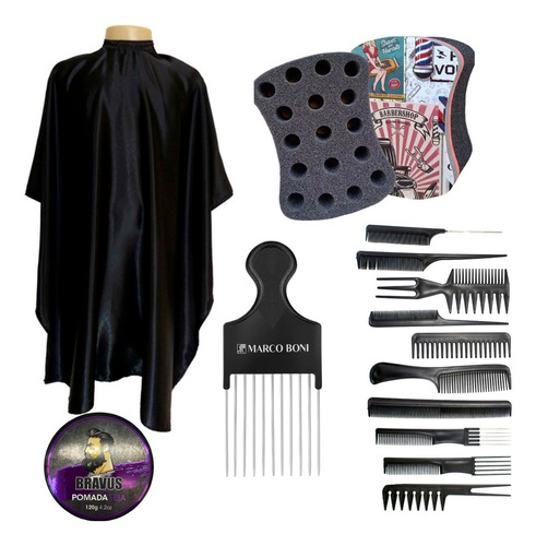 Kit Pente Garfo Esponja Nudred Capa Corte 10 Pentes Barbeiro Cor Preto