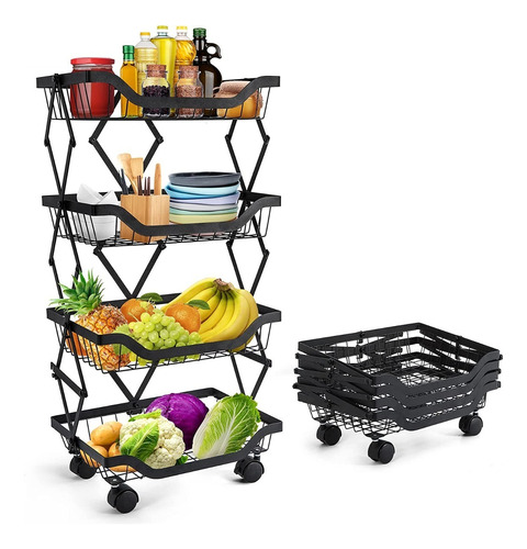 Estante Organizador De Cocina Baño Carrito Plegable 4 Pisos Color Negro