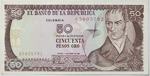 Billete 50 Pesos 01/ene/1980 Colombia Au