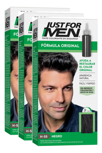  Tintura Shampoo Just For Men Tono Negro Formula Original Kit X 3 Unidades - Sin Amoniaco -  Solo 5 Minutos - Rapido Y Facil -