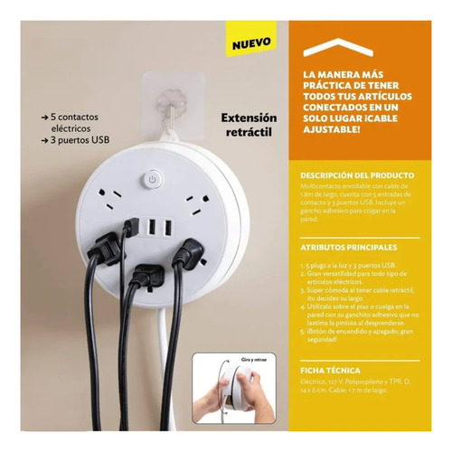 Multi Contacto Roll Betterware 5 Enchufes Y 3 Puerto Usb Blanco