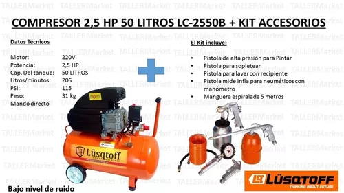 Compresor De Aire Lusqtoff 50 Litros 2.5 Hp + Kit De 5 Piezas Para Pintar  Inflar