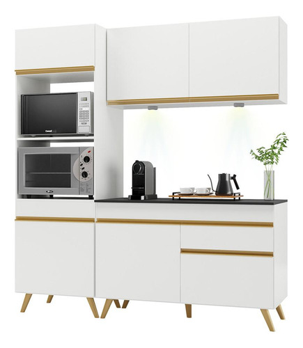 Armário Cozinha Compacta 182cm Veneza Up Multimóveis V2019 Cor Branco/Dourado