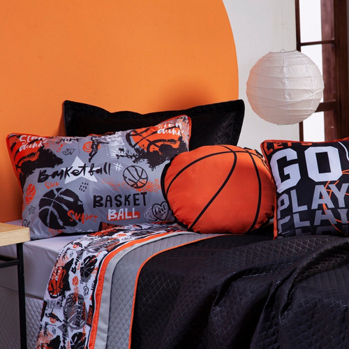 Kit Cobre Leito Basquete Preto C/ Almofadas Solteiro 5 Peças