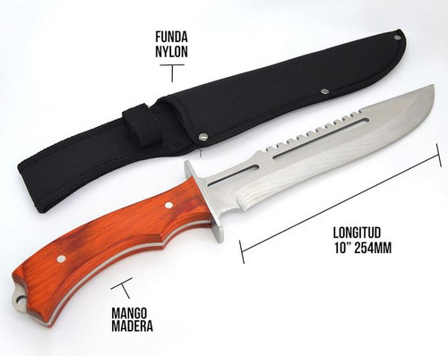 Cuchillo Monte Táctico Navaja Mango De Madera 41 Cm Militar Supervivencia Caza Y Pesca Hoja Acero Inoxidable 420 Incluye Funda De Nylon