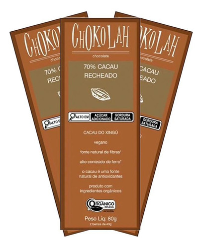 Kit 3x: Chocolate 70% Cacau Recheado Orgânico Chokolah 80g
