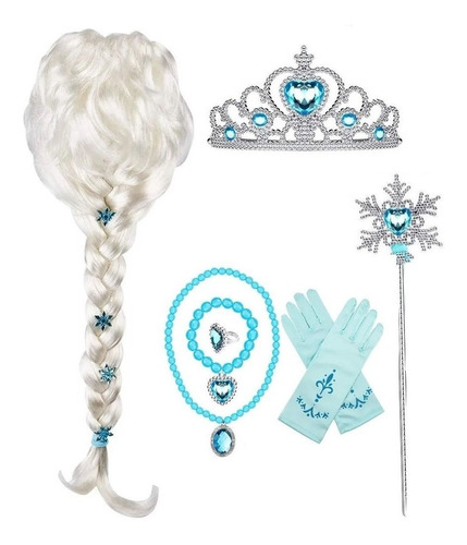 Set De Pelucas Para Niña Con Disfraz De Elsa Frozen, 7 Pieza