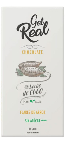 Get Real Chocolate Con Leche De Coco Y Flakes De Arroz X 70g