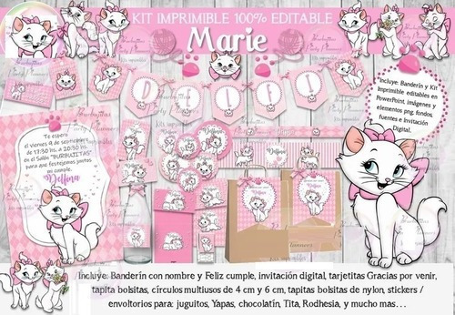 Kit Imprimible Candy Bar Gata Gatita Marie 100% Editable Ppt