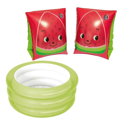 Kit Piscina Infantil 80l Verde + Bóia Braço Inflável Morango