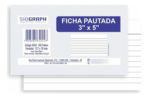 Ficha Pautada 3x5 Pequena Bloco Com 100 Fls Sidgraph