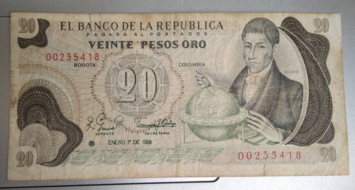 Billete Colombiano De Reposición 20 Pesos 1981 S5418