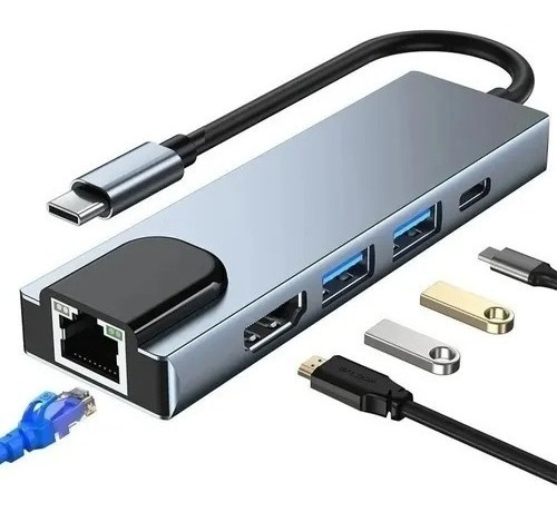 Convertidor Tipo C Hdmi 5 En 1 Adaptador Red Usb 3.0 Pd 