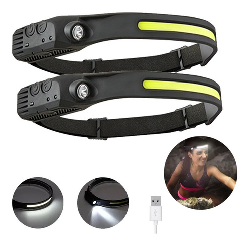 Imagen 1 de 10 de Set X 2 Linterna Minero Led Recargable Usb Vincha Sensor