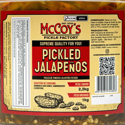Picles De Pimenta Jalapeño - Pickled Jalapeños Mccoy's 2,2kg