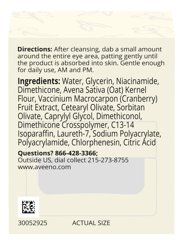 Aveeno Calm + Restore Eye Gel Age Renewal 0.5 Oz 14 G Sensitive Skin Sin Fragancia, Con Vitamina B3, Extracto De Avena Y Arándano, Mejora El Aspecto De Las Arrugas Y Las Patas De Gallo.